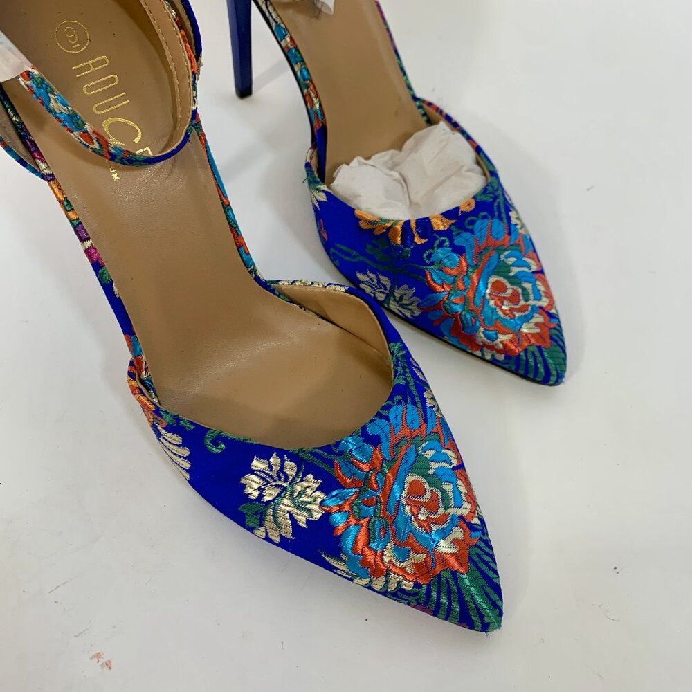 Sz 9 Vintage Rouge Blue Floral Brocade Heels